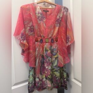 Vibrant Floral Dress with Sheer Sleeves